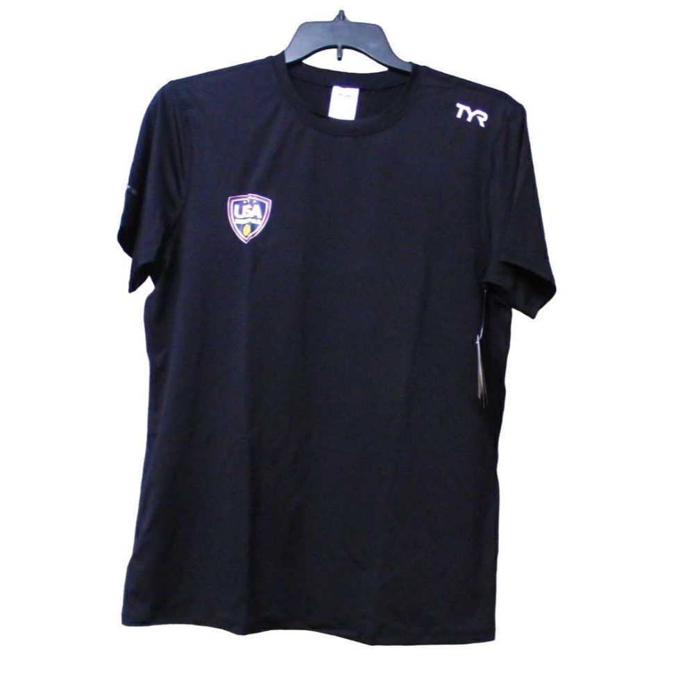 TYR Men’s “Water Polo” Short Sleeve Rushguard Tee, Size L, Black